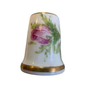 Vintage Sutherland England Porcelain Thimble With Pink Floral Design & Gold Rim